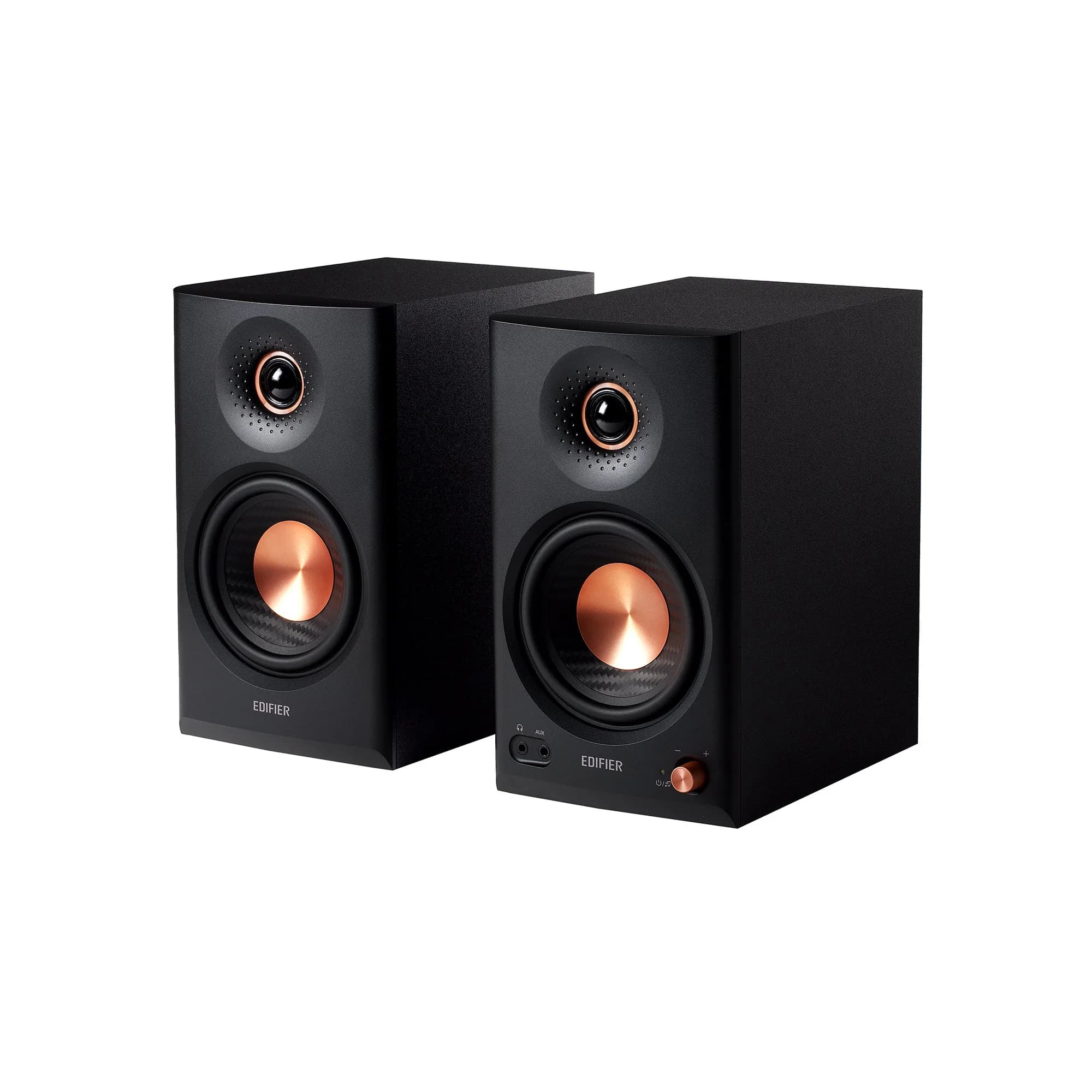 Edifier MR4.5 monitor pair viewed from an angle